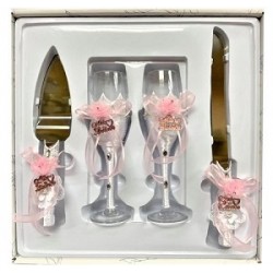 4 Piece Mis Quince Anos Cake Knife and Server Set with Champagne Toasting Glass Flutes White Flower Pink Design